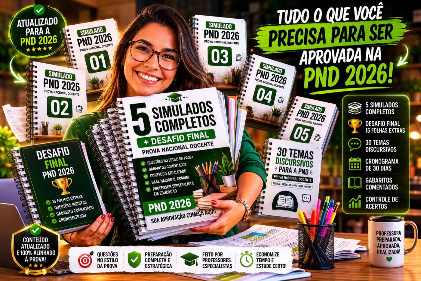 Simuladão PND 2026 — 5 simulados completos + Desafio Final + 30 temas discursivos para a Prova Nacional Docente